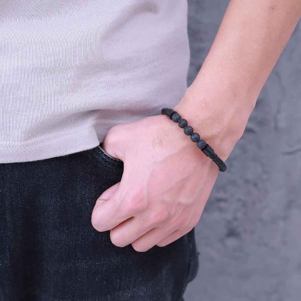 Pulsera de Cuero y Piedra Volcánica Broche Magnético