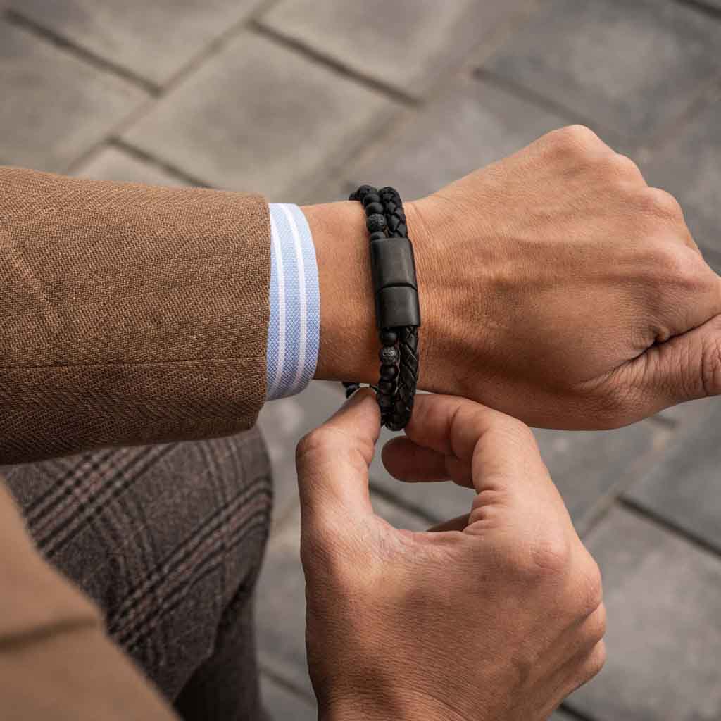 Pulseras Hombre Cuero con Piedra Volcánica y Ónix