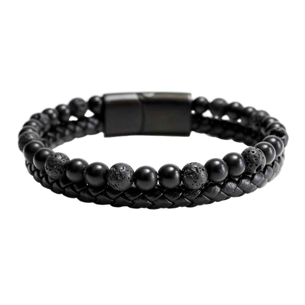 Pulseras Hombre Cuero con Piedra Volcánica y Ónix