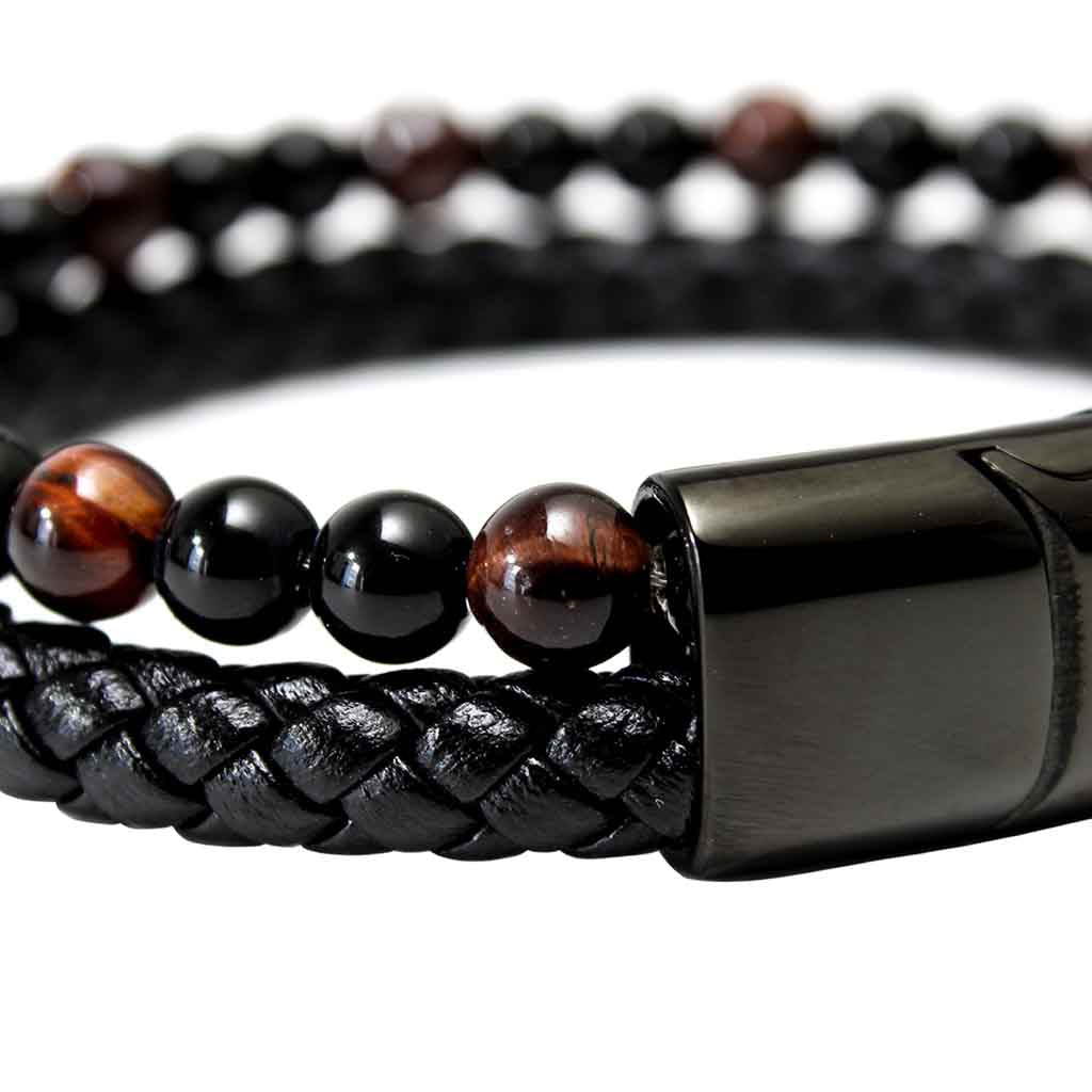 Pulseras Hombre Cuero con Ónix y Piedra Ojo de Tigre