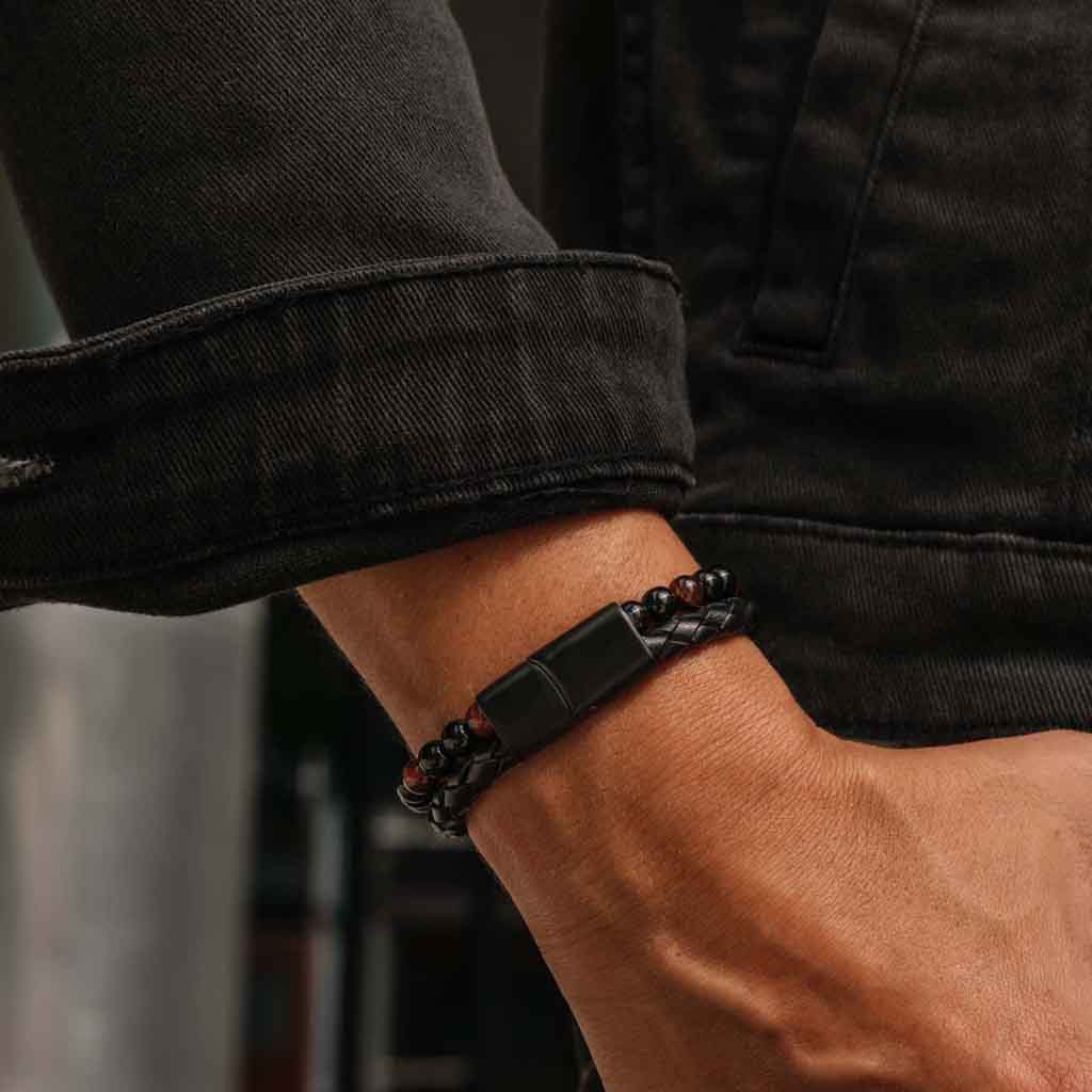 Pulseras Hombre Cuero con Ónix y Piedra Ojo de Tigre