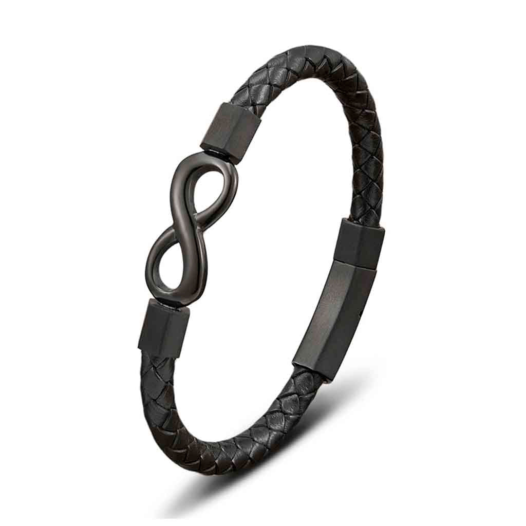 Pulsera de Cuero Hombre Mujer Acero Infinito Negro