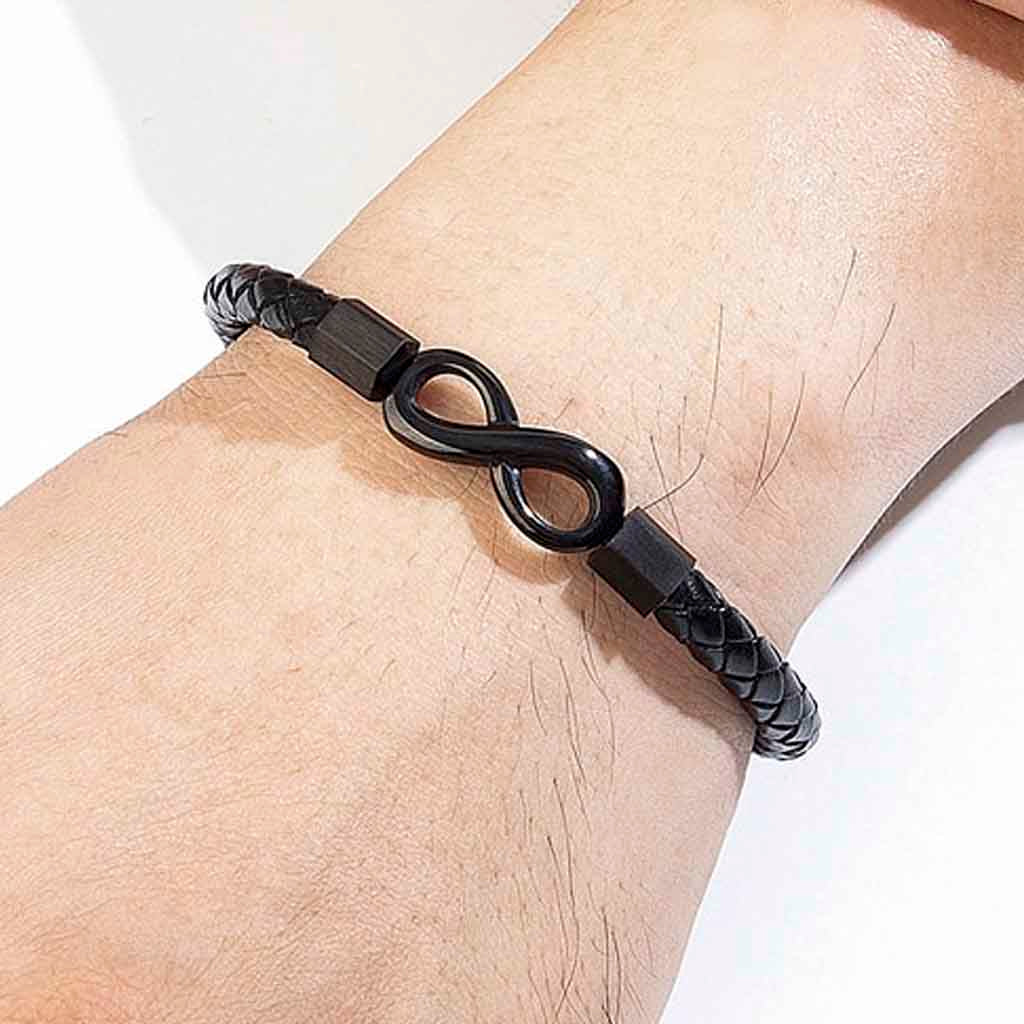 Pulsera de Cuero Hombre Mujer Acero Infinito Negro