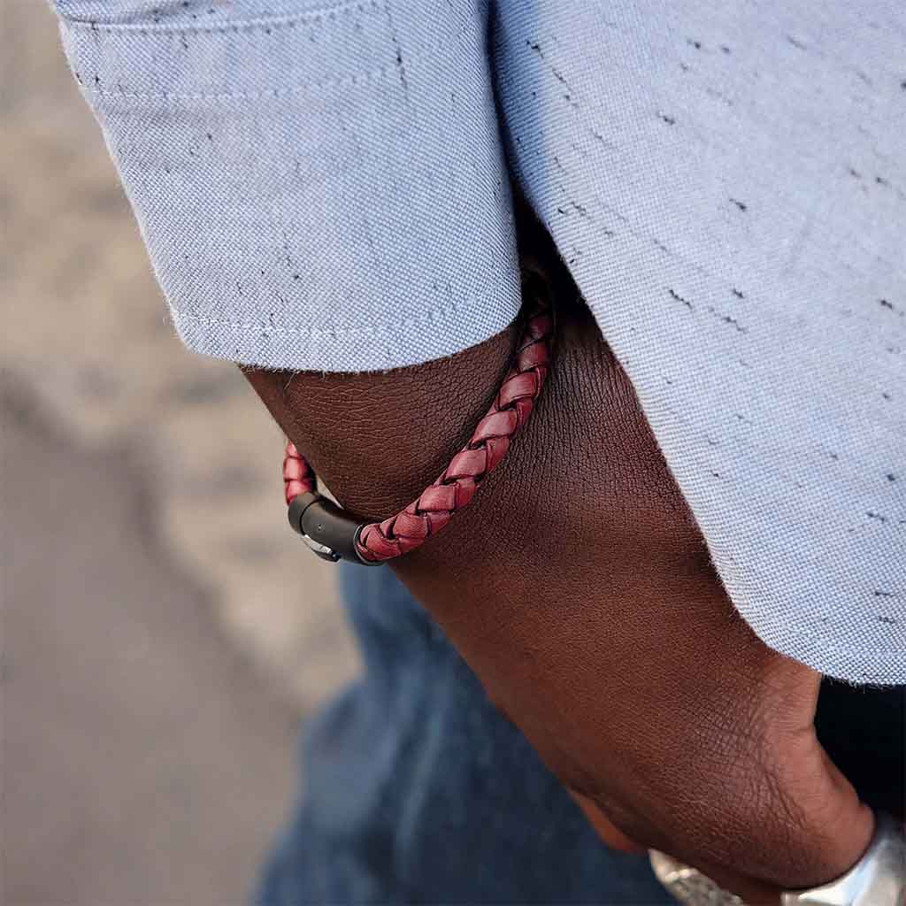 Pulseras de Cuero Hombre Mujer Roja Cuero A Presión