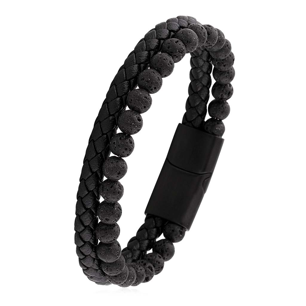 Pulseras Hombre Pulseras Cuero Negro con Piedra Volcánica