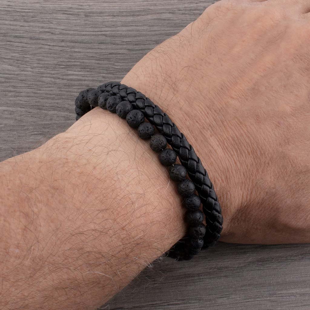 Pulseras Hombre Pulseras Cuero Negro con Piedra Volcánica