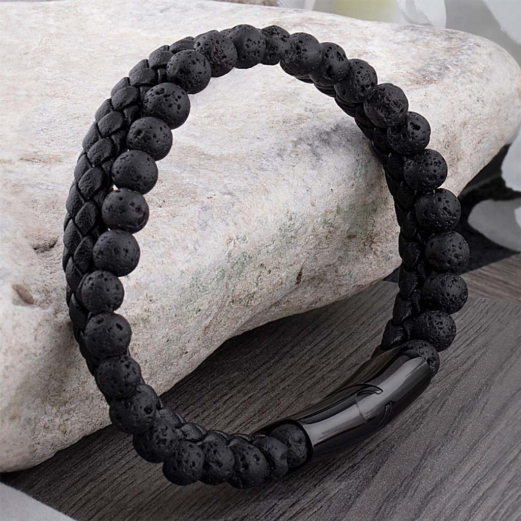 Pulseras Hombre Pulseras Cuero Negro con Piedra Volcánica