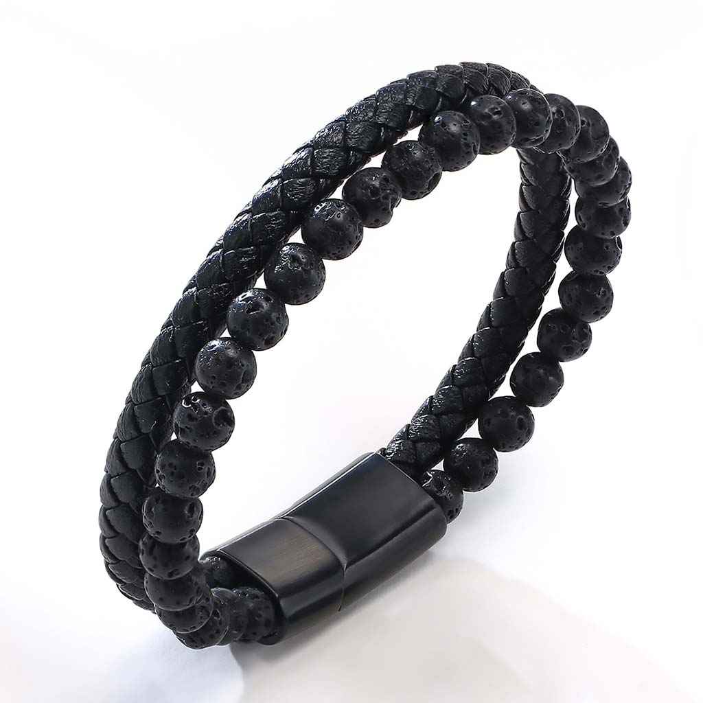 Pulseras Hombre Pulseras Cuero Negro con Piedra Volcánica