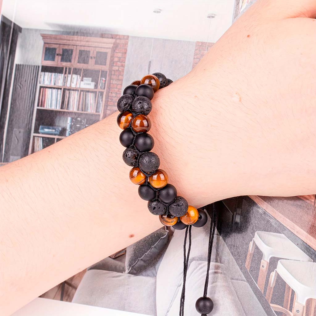 Pulsera Doble Piedras Naturales Ojo de Tigre Ónix Volcánica