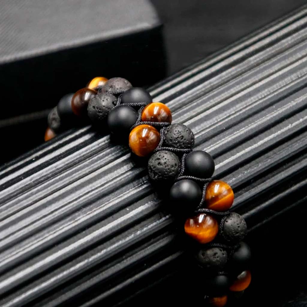 Pulsera Doble Piedras Naturales Ojo de Tigre Ónix Volcánica
