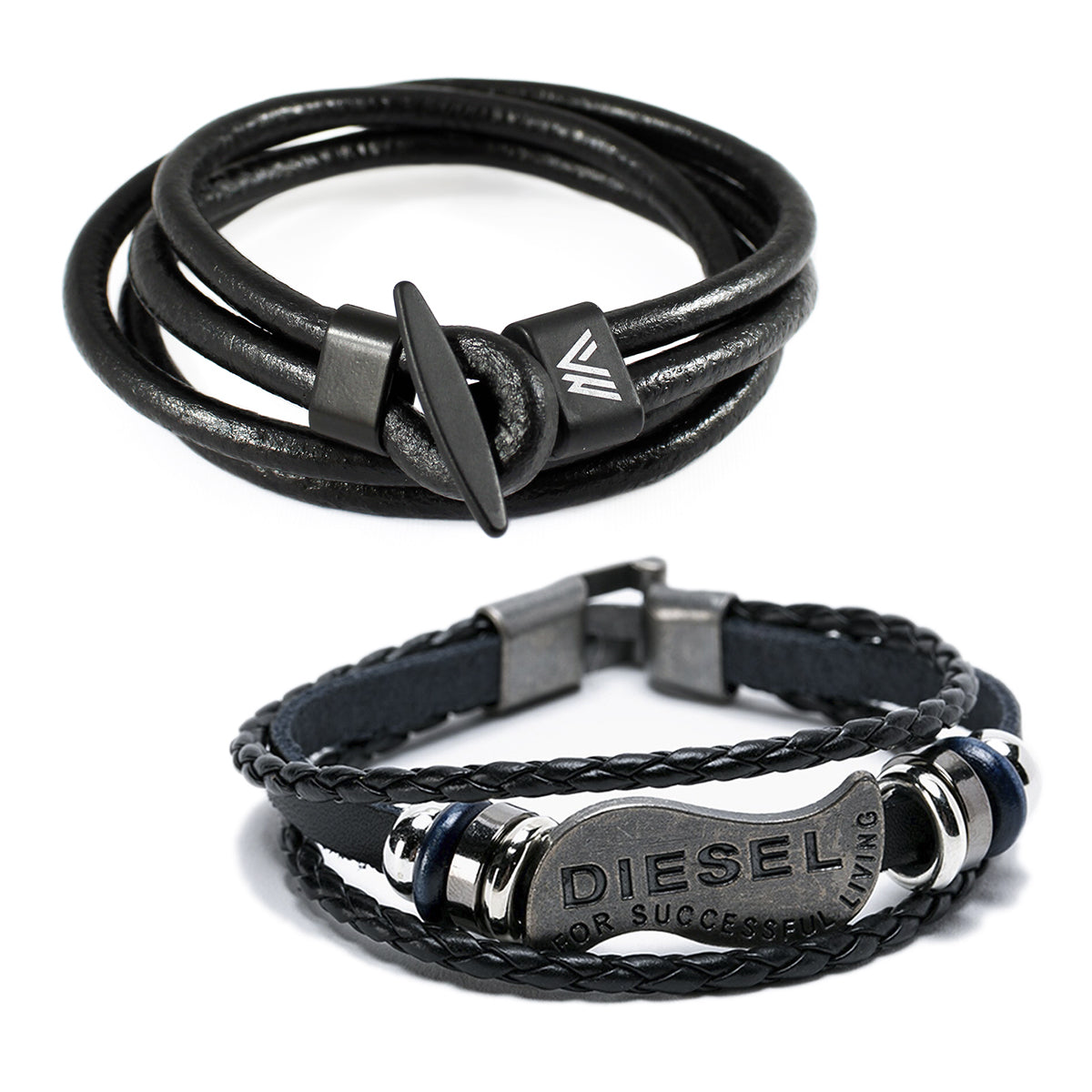 Pack 2 Pulseras de Cuero Hombre Azul y Brazalete Negro