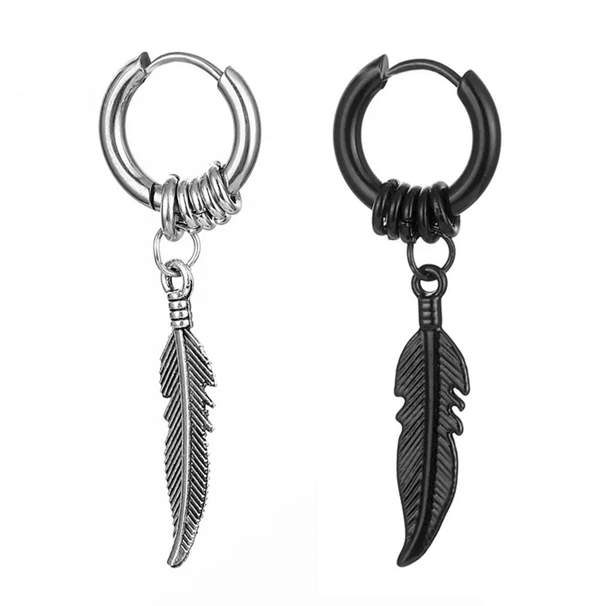 Pack 2 Aros Acero Quirurgico Argolla con Pluma Plata y Negro