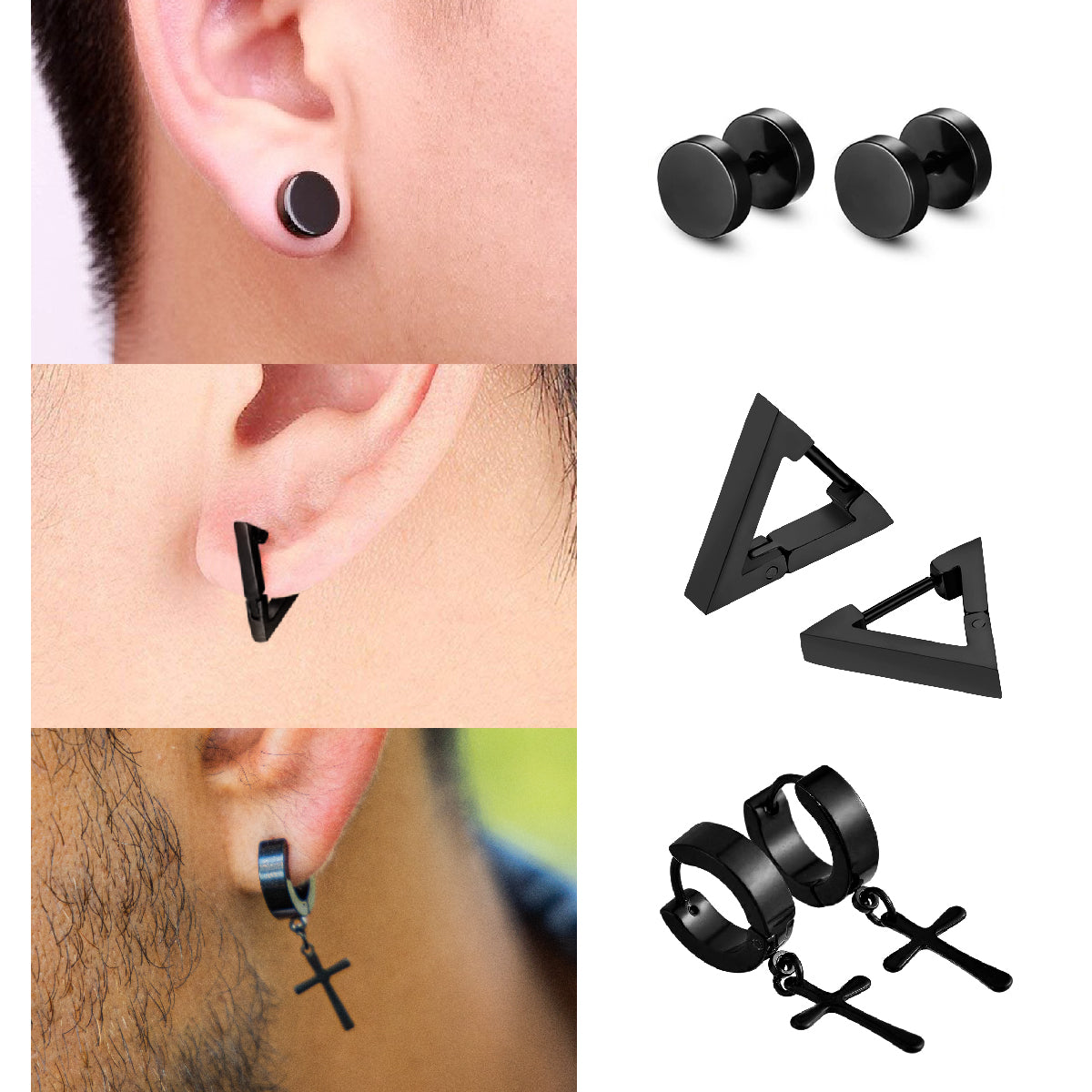 Pack Aros Acero Quirúrgico Modelos Varios x3 Pares Negros