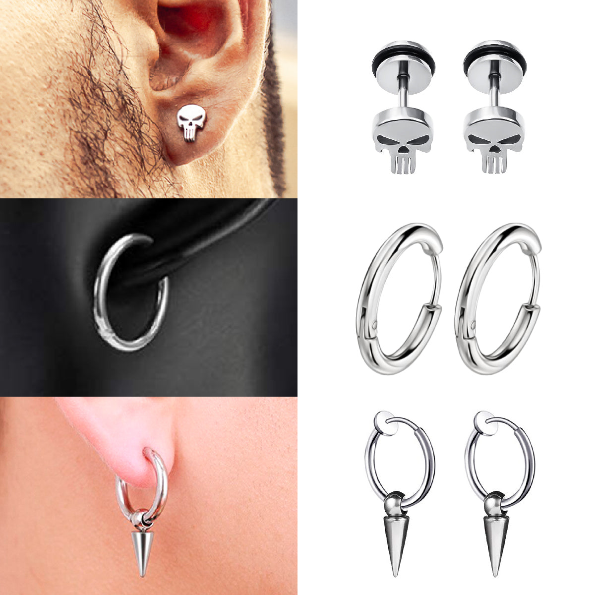 Pack de Aros Acero Plateado x3 Pares Modelos Varios