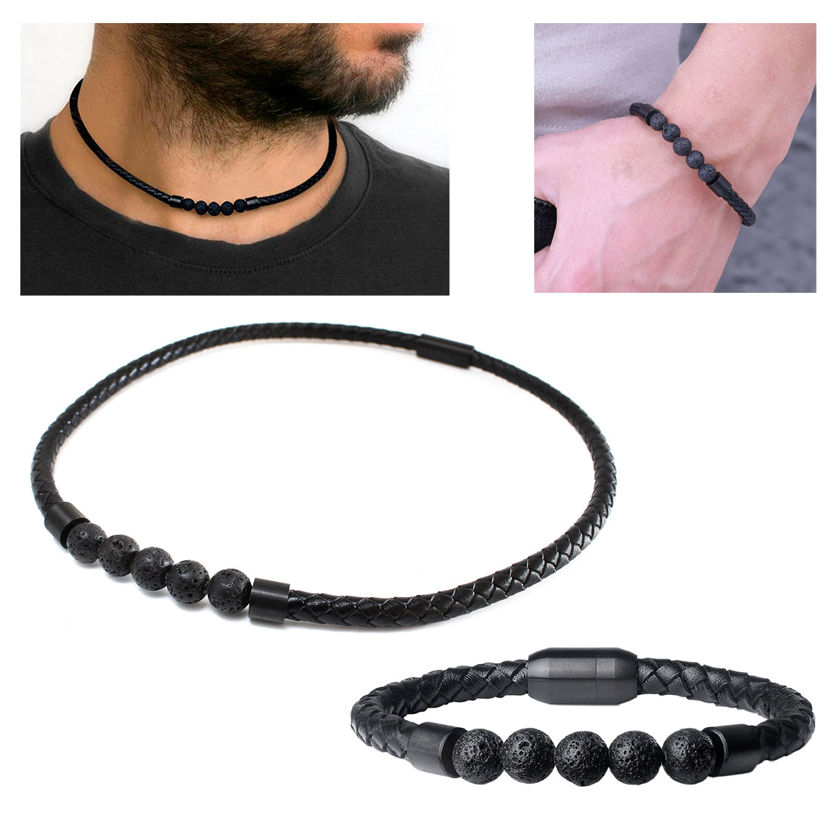 Set Collar Choker + Pulsera Cuero y Piedra Volcánica