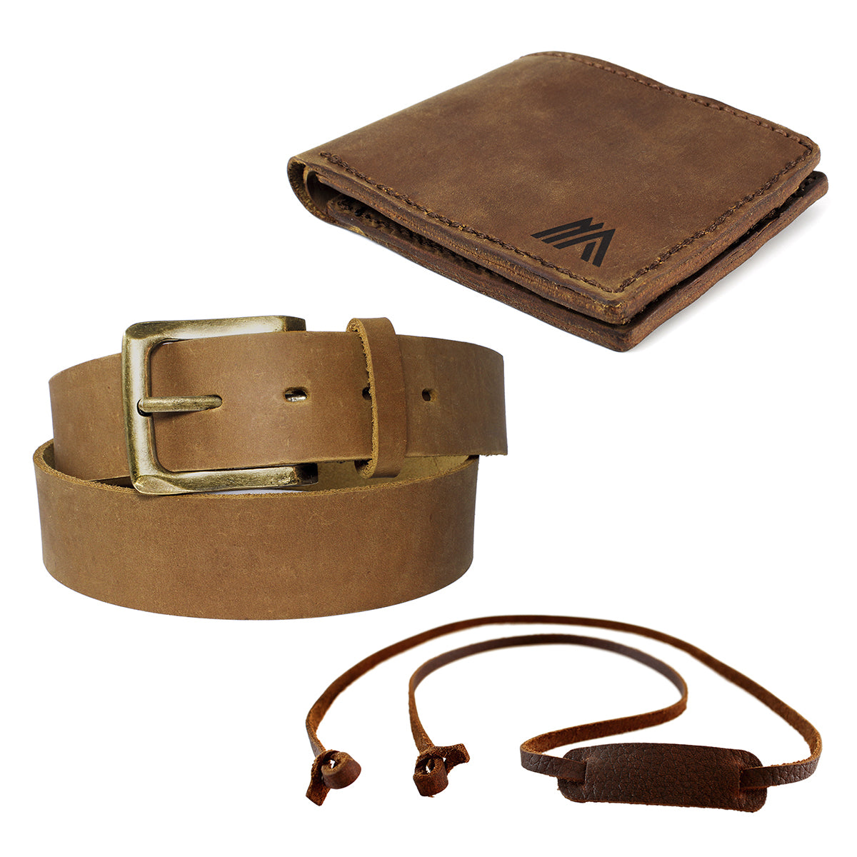 Pack Cinturon Cuero Hombre + Billetera y Strap Lentes Café