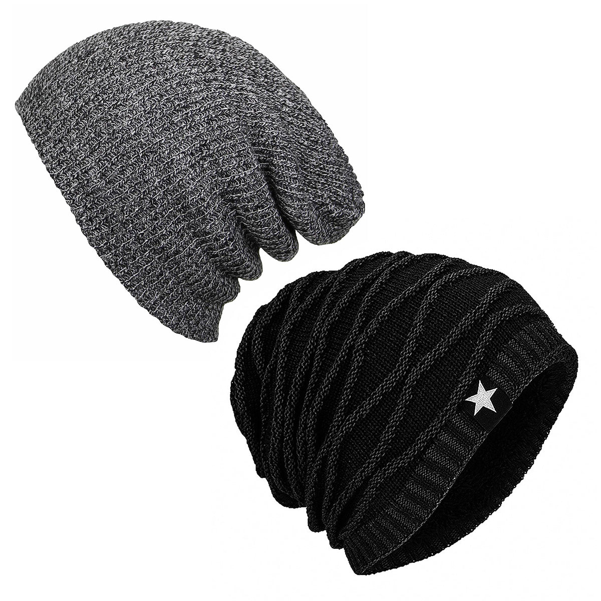 Pack x2 Gorros Beanie Gris Plomo y Gorro Tejido Negro con Polar