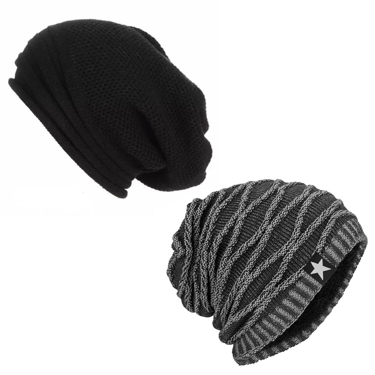 Pack x2 Gorro Algodón Tejido Negro y Gorro Relieve Gris con Polar