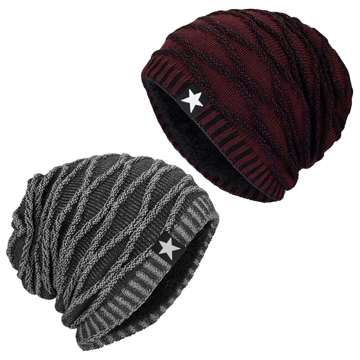 Pack x2 Gorros Tejido con Relieve y Forro Polar Burdeos y Gris