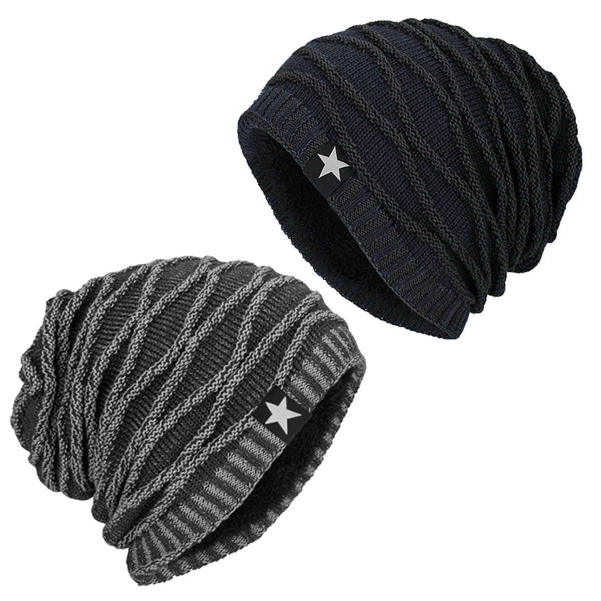 Pack x2 Gorros Tejido con Relieve y Forro Polar Gris y Azul
