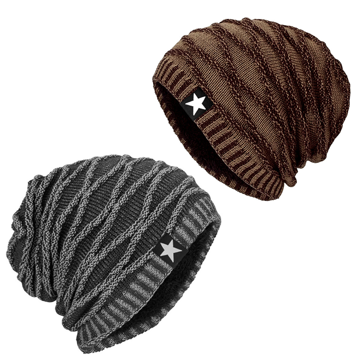 Pack x2 Gorros Tejido con Relieve y Forro Polar Gris y Café