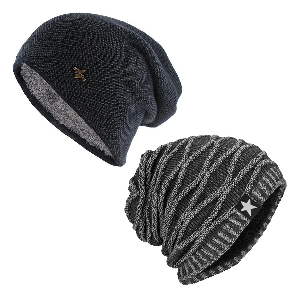 Pack 2 Gorros Invierno Algodón Gris y Azul con Forro Polar