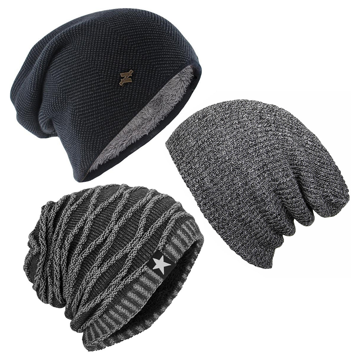 Pack 3 Gorros Invierno Algodón Gris Azul Modelos Variados