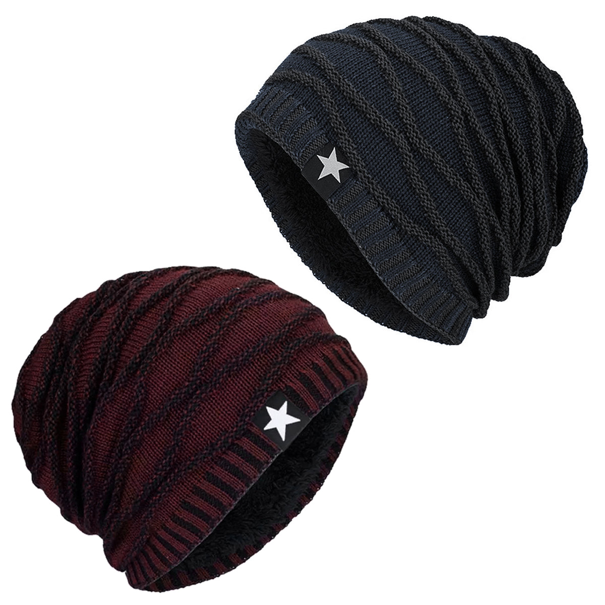 Pack x2 Gorros Tejido con Relieve y Forro Polar Burdeos y Azul