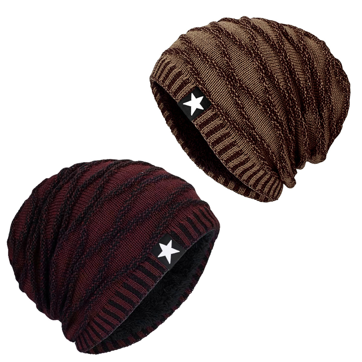 Pack x2 Gorros Tejido con Relieve y Forro Polar Burdeos y Café
