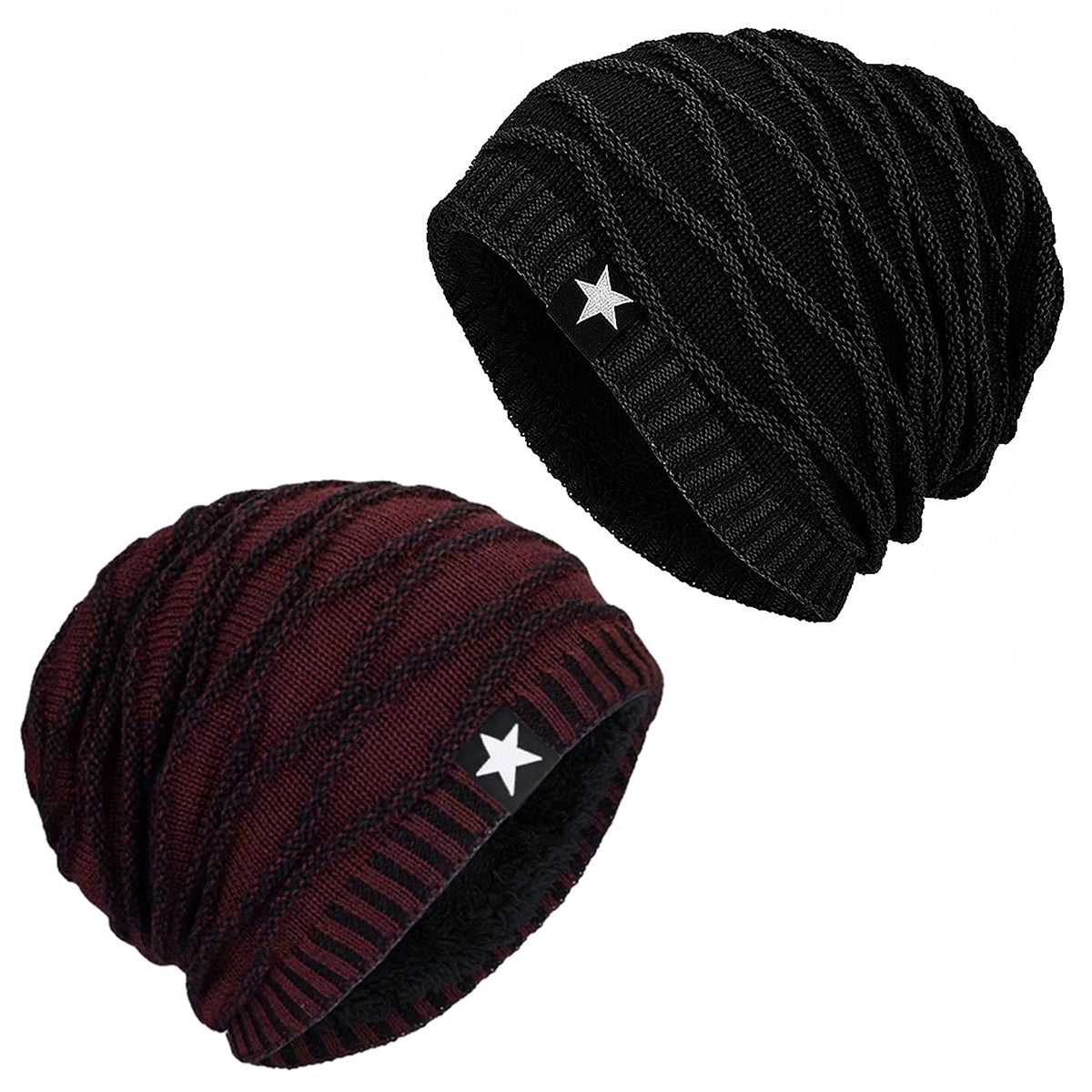 Pack x2 Gorros Tejido con Relieve y Forro Polar Burdeos y Negro