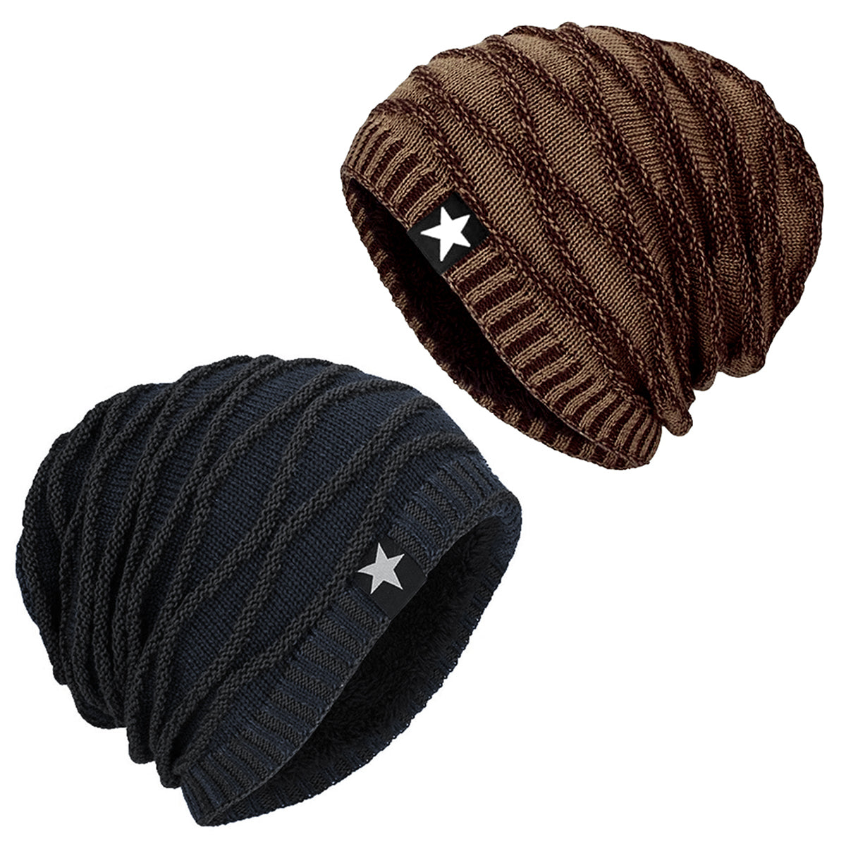 Pack x2 Gorros Tejido con Relieve y Forro Polar Azul y Café