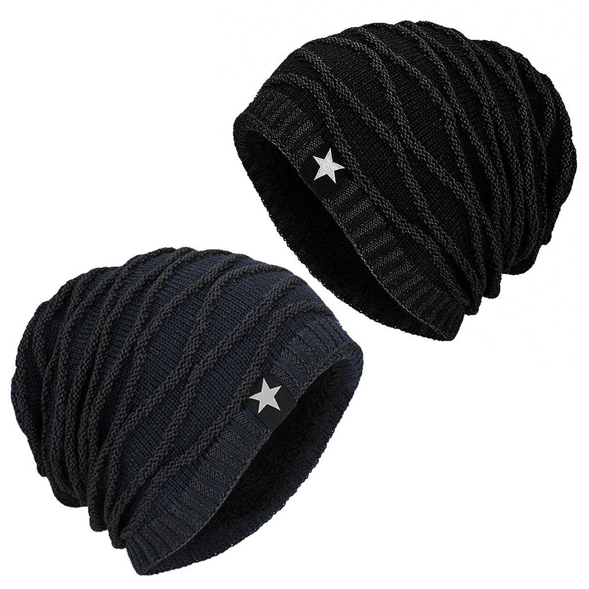Pack x2 Gorros Tejido con Relieve y Forro Polar Azul y Negro