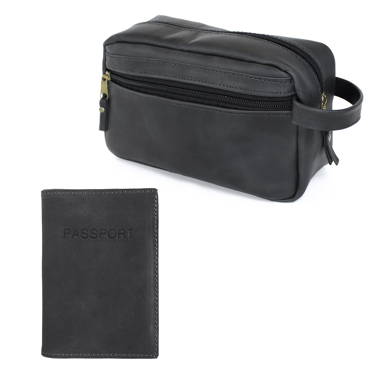Pack Neceser de Viaje Cuero + Funda Porta Pasaporte Negro