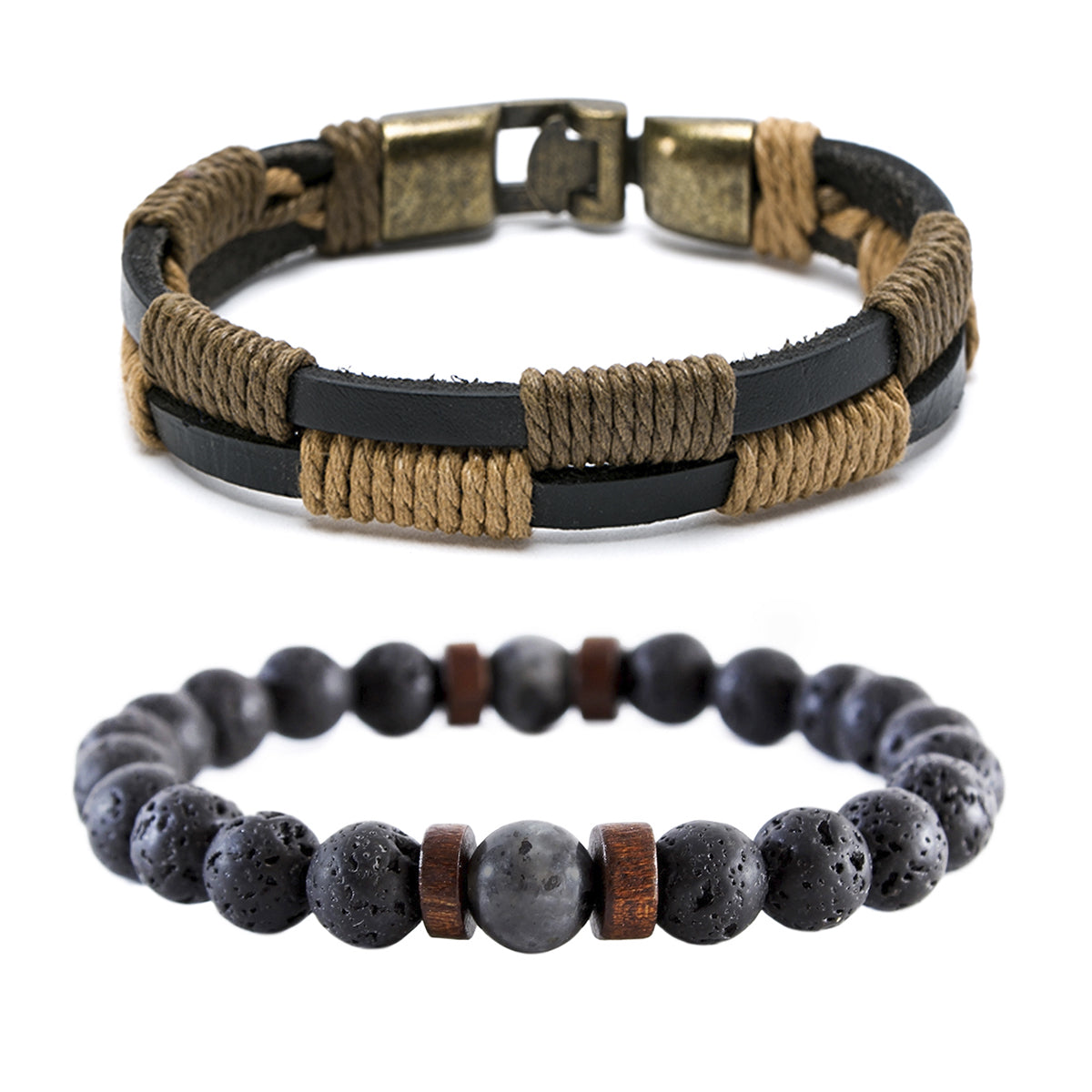 Pack 2 Pulseras de Cuero Hombre Hilos Pulsera Piedra Natural