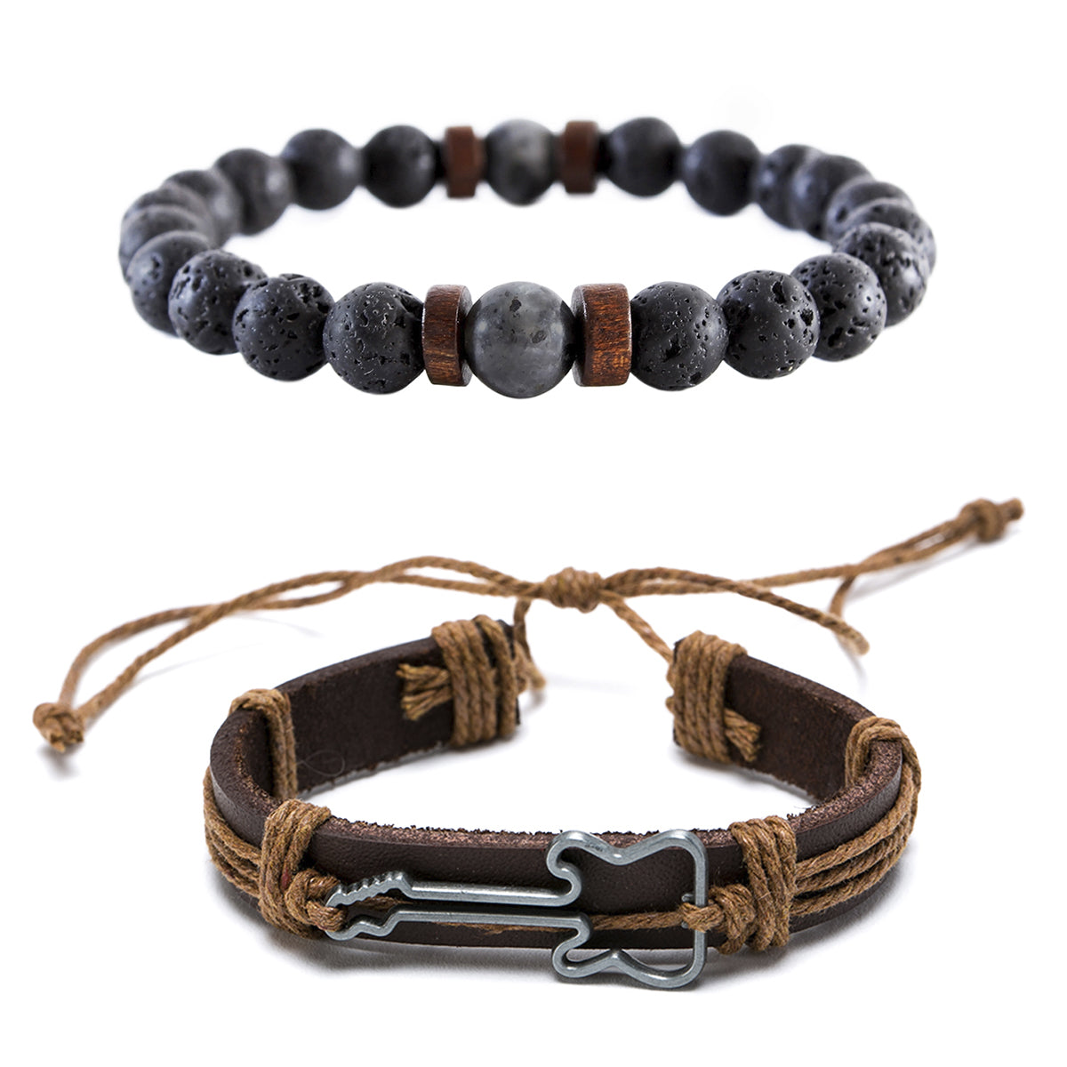 Pack 2 Pulsera Piedras Naturales + Pulsera Cuero Guitarra
