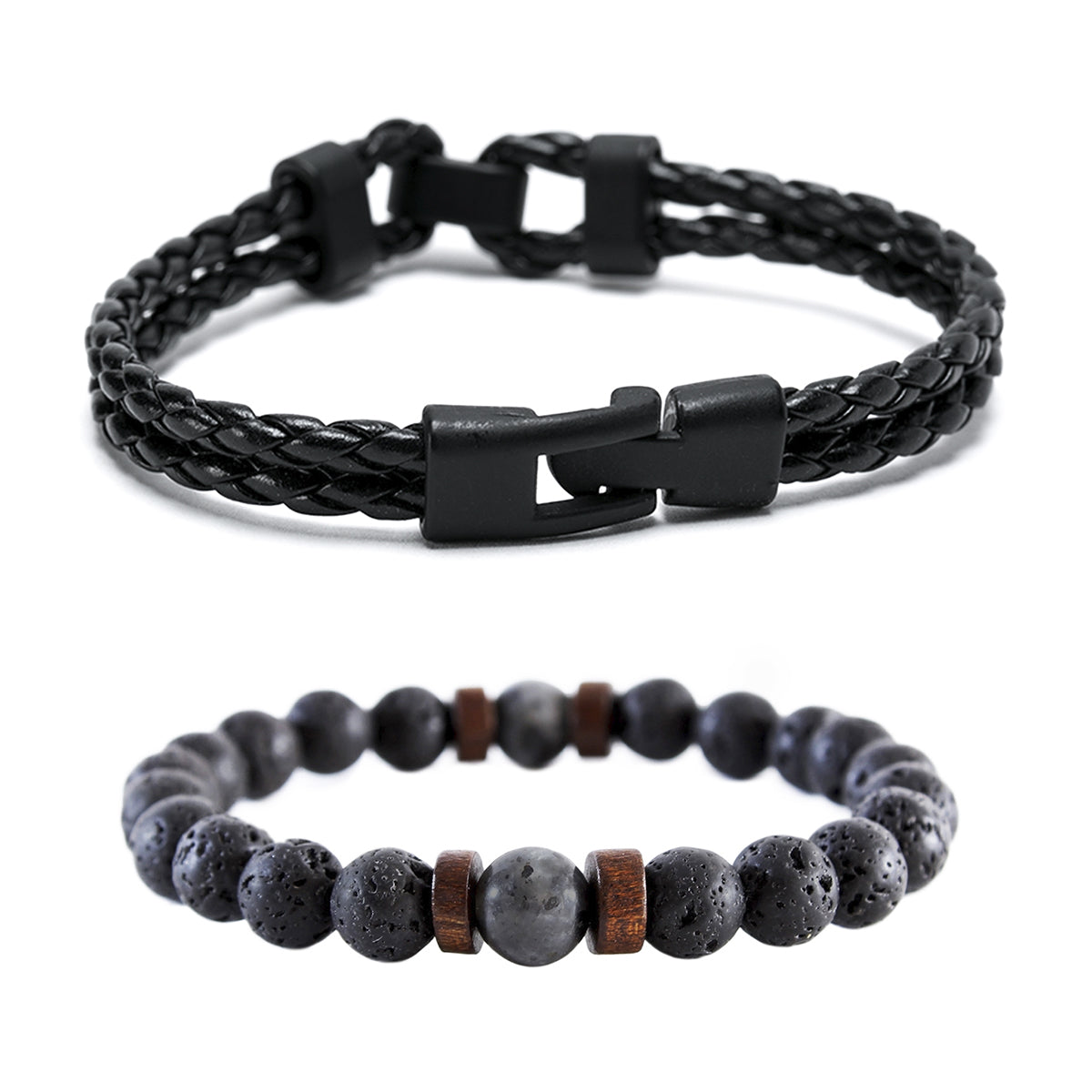 Pack Pulseras de Cuero Negro + Pulsera Piedras Naturales