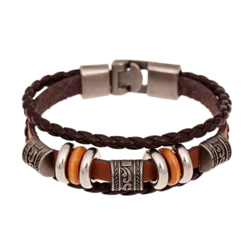 Pulsera Cafe En Cuero Hombre Mujer Trenzada Acero
