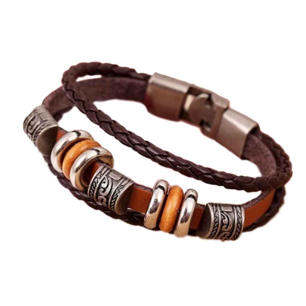 Pulsera Cafe En Cuero Hombre Mujer Trenzada Acero