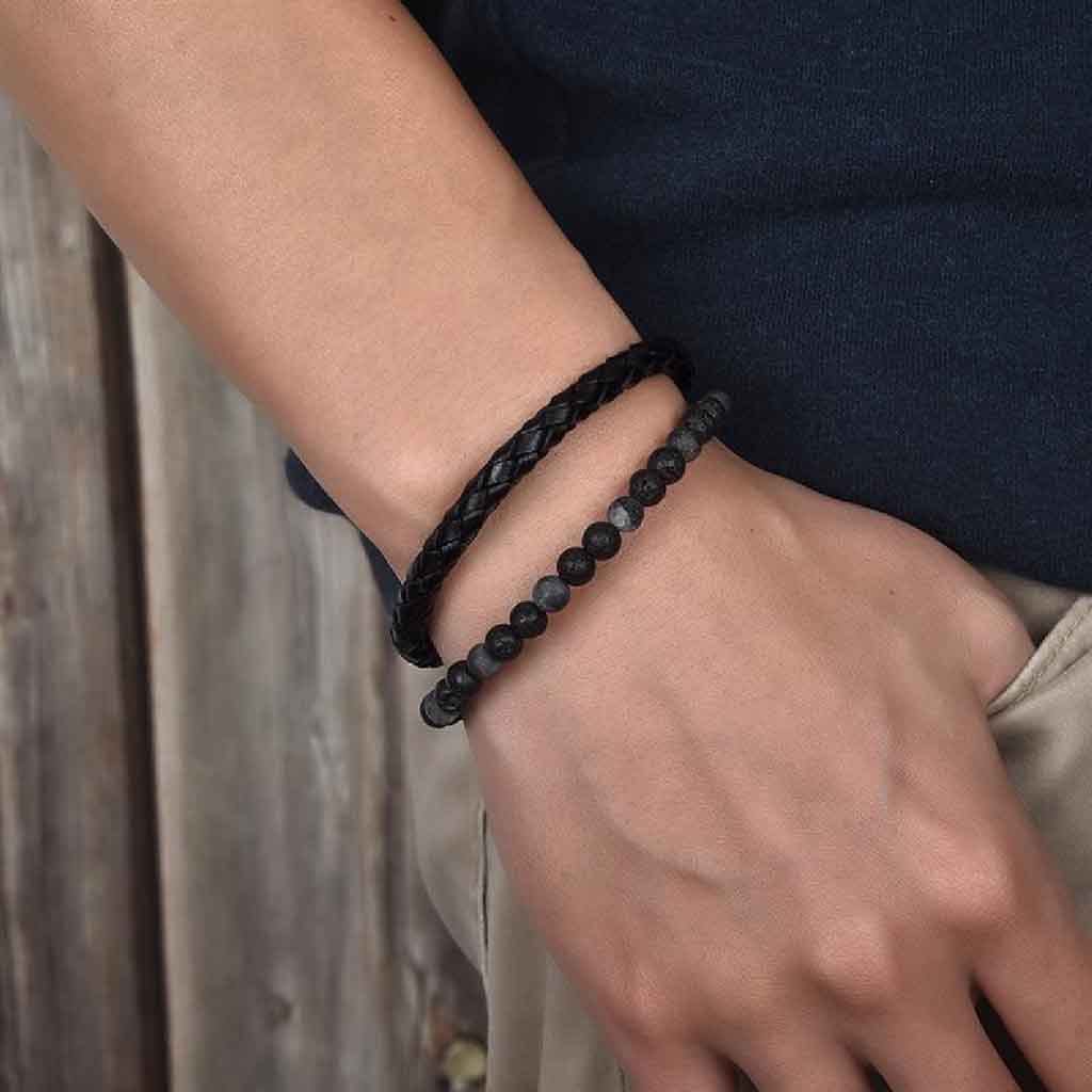 Pulsera de Cuero y Piedra Volcánica Elegante