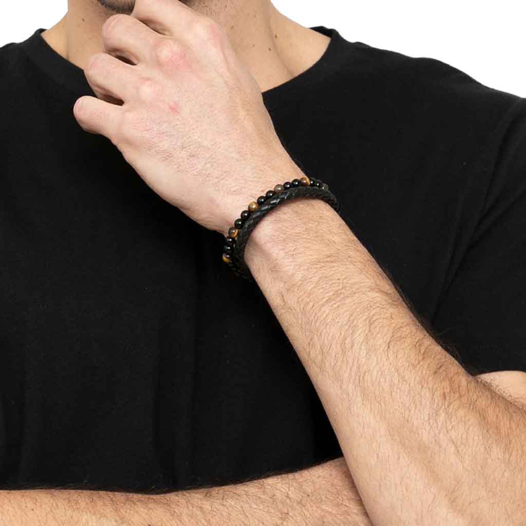 Pulsera De Piedra Cuero Broche Elegante Ojo de Tigre