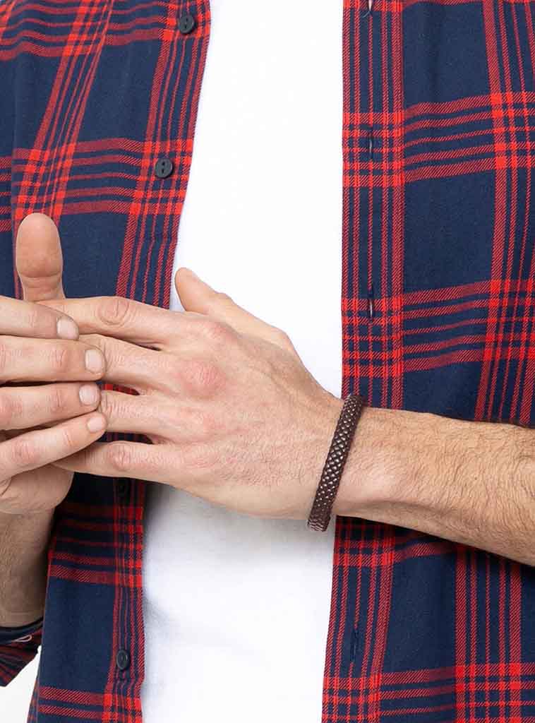 Pulsera Hombre Cuero Tejido Piel de Serpiente Café