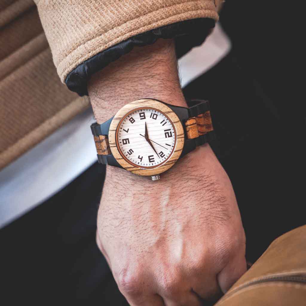 Reloj Hombre Madera Correa Combinada Negro Café