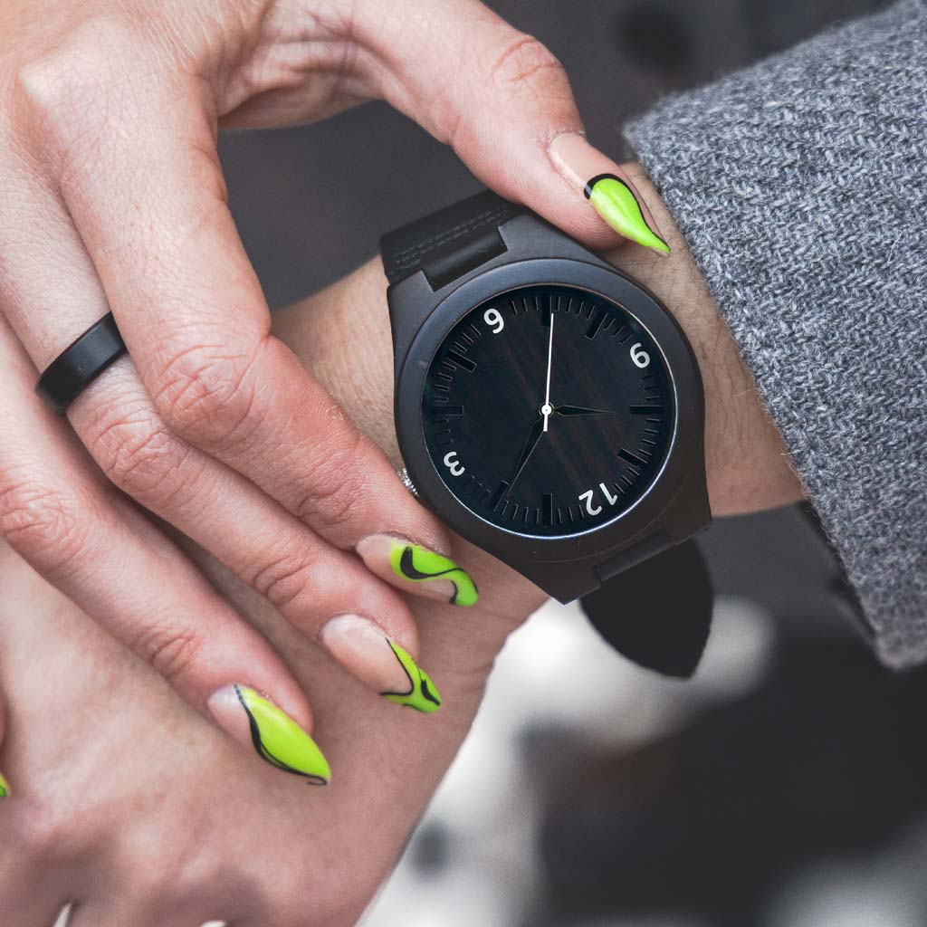 Reloj de Mujer Relojes para Hombre Madera Cuero Negro