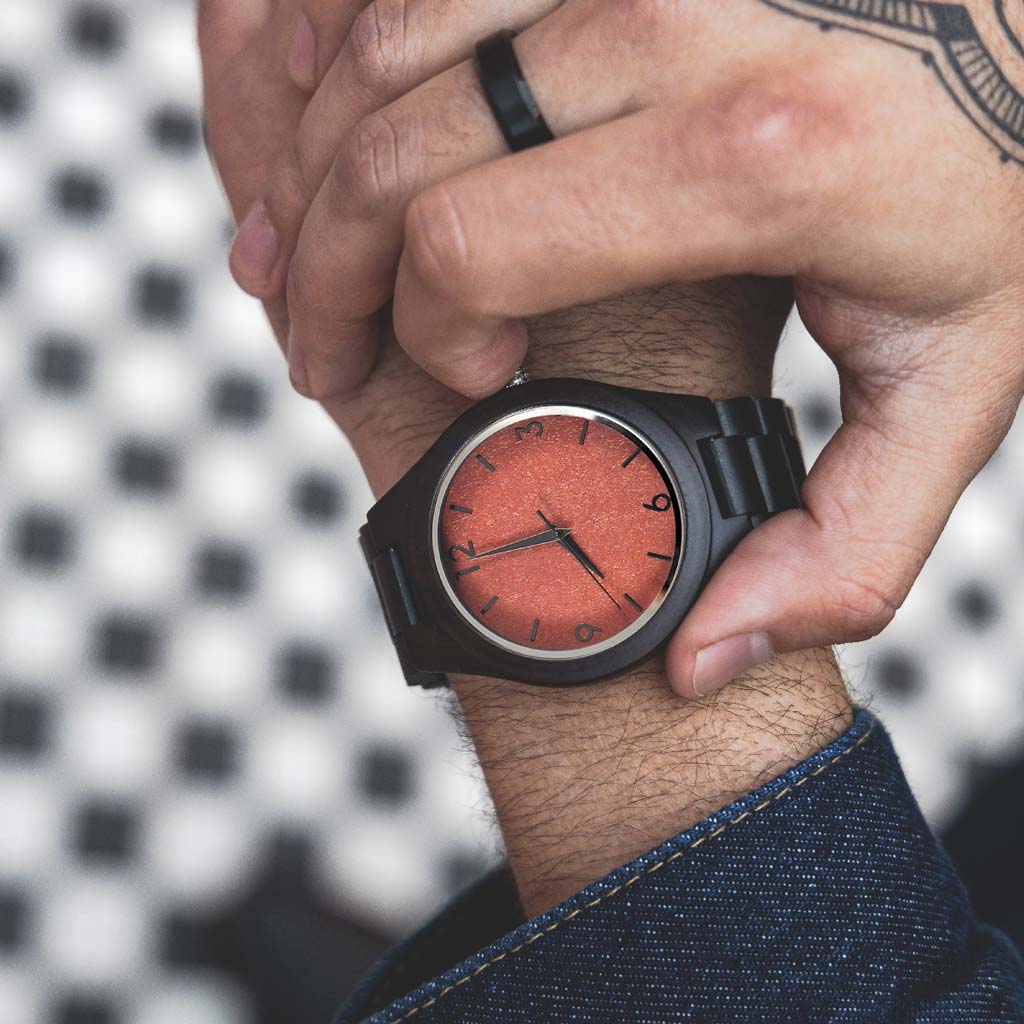 Reloj Analogo Hombre Reloj Hombres Madera Negro Naranja