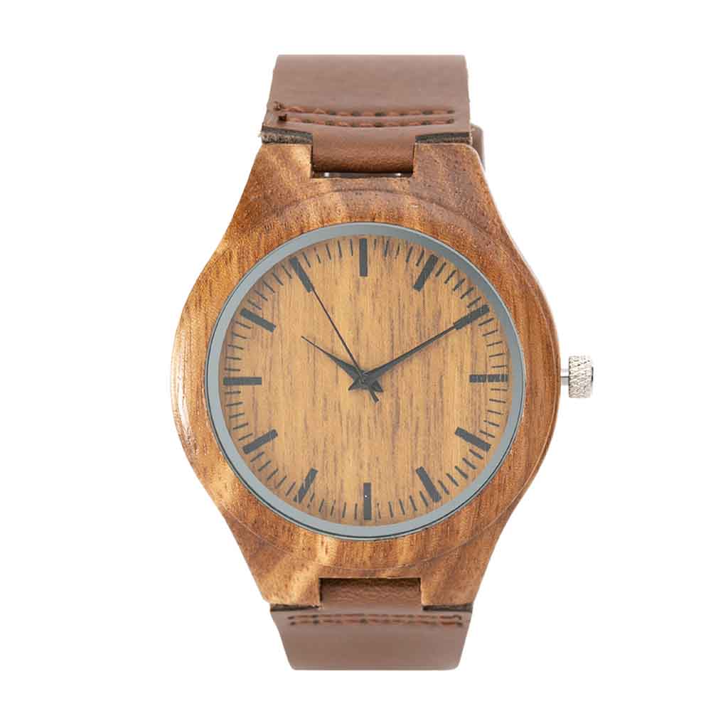 Reloj con Bisel de Madera Fina y Correa Color Chocolate