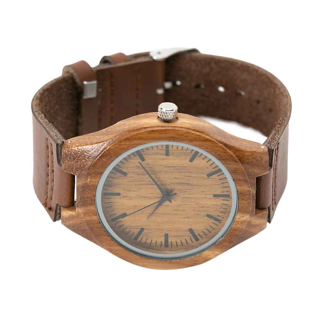 Reloj con Bisel de Madera Fina y Correa Color Chocolate