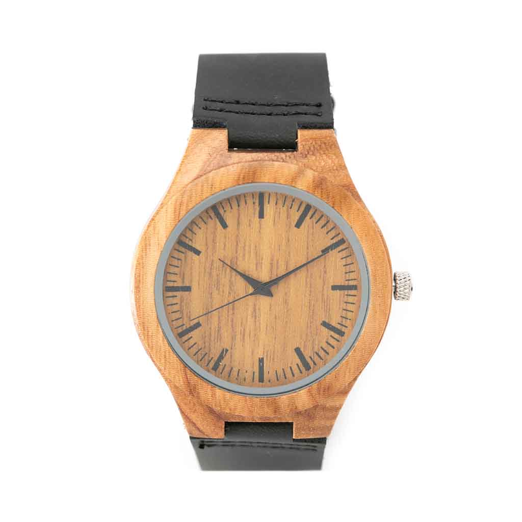 Reloj con Bisel de Madera Fina y Correa Color Negro