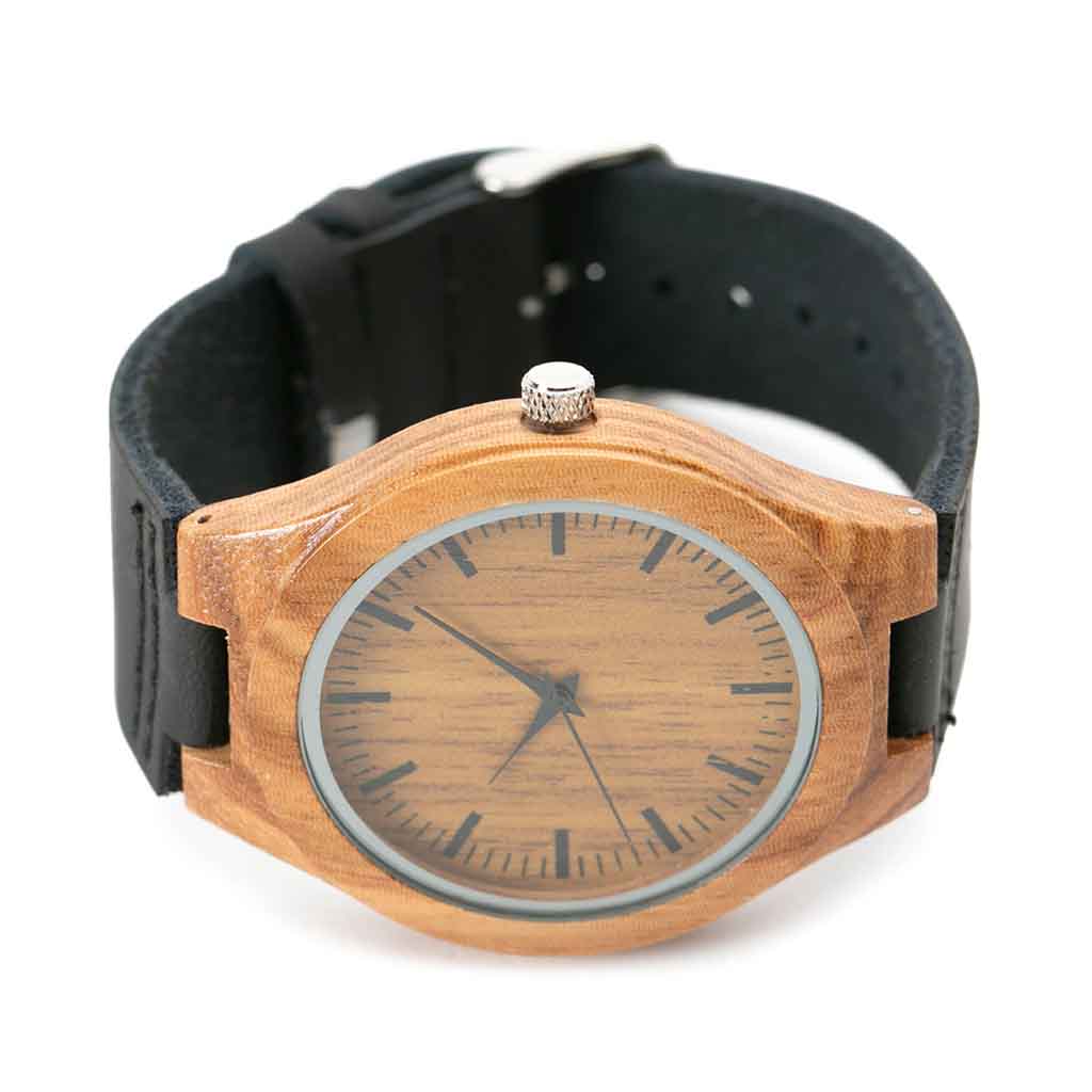 Reloj con Bisel de Madera Fina y Correa Color Negro