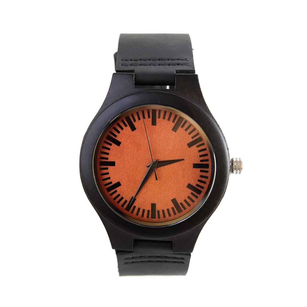 Reloj de Madera Correa Cuero Negro y Dial Naranja