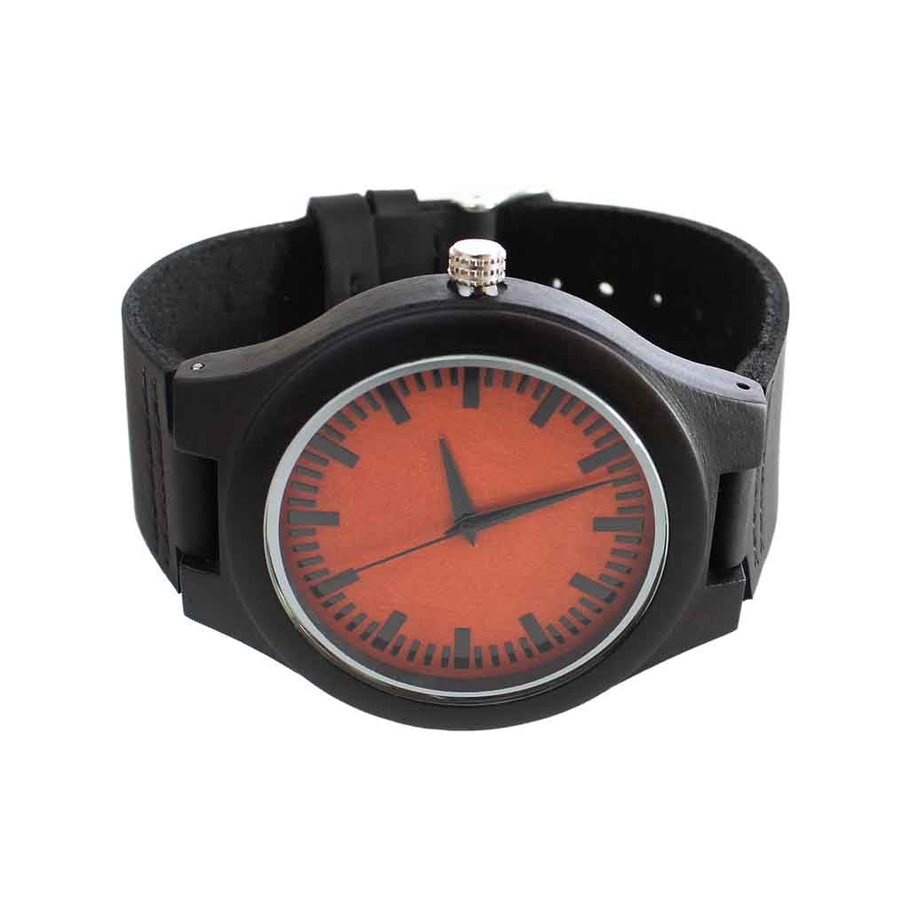 Reloj de Madera Correa Cuero Negro y Dial Naranja